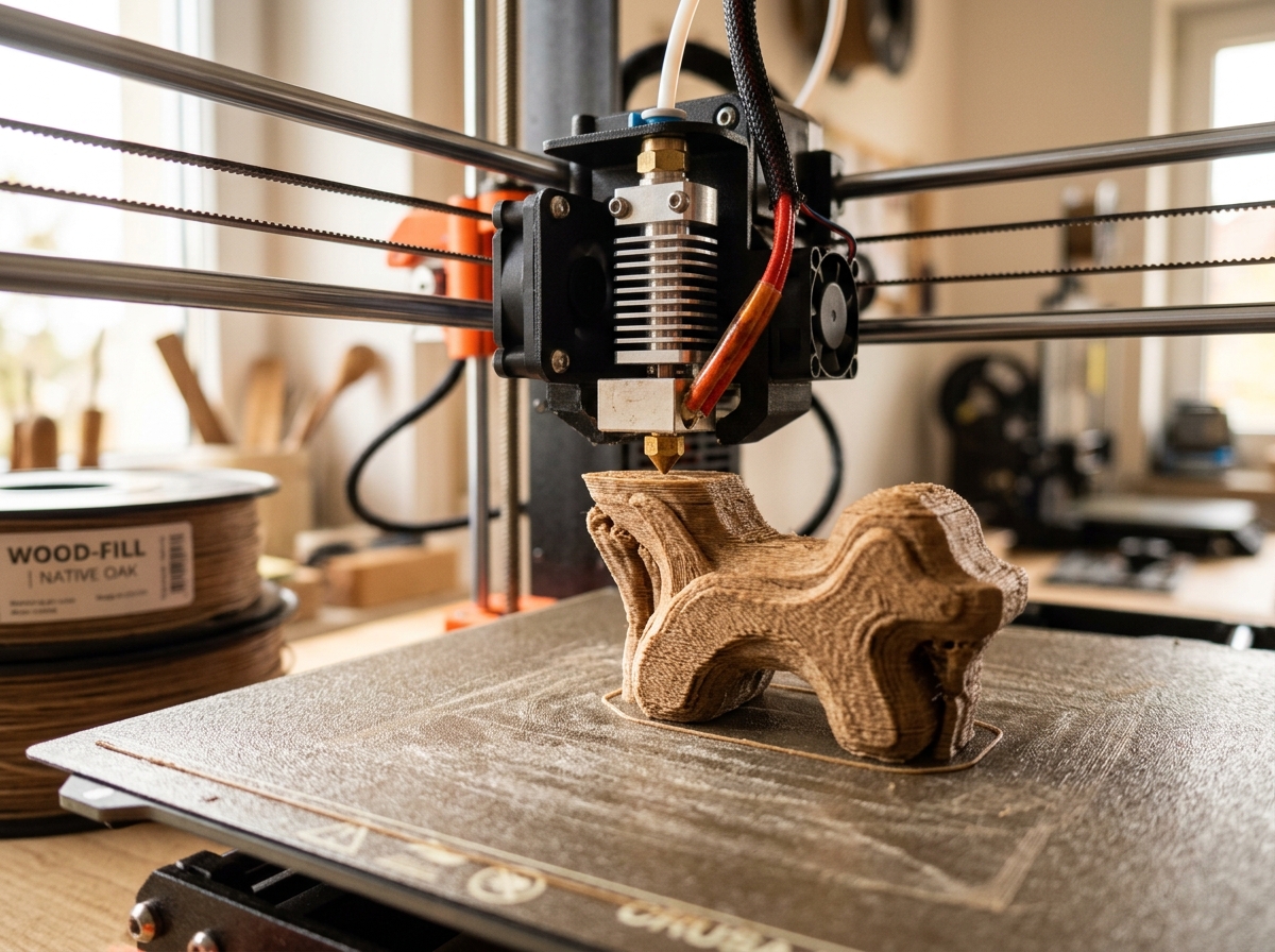 Boquilla de impresora 3D extruyendo filamento de madera natural