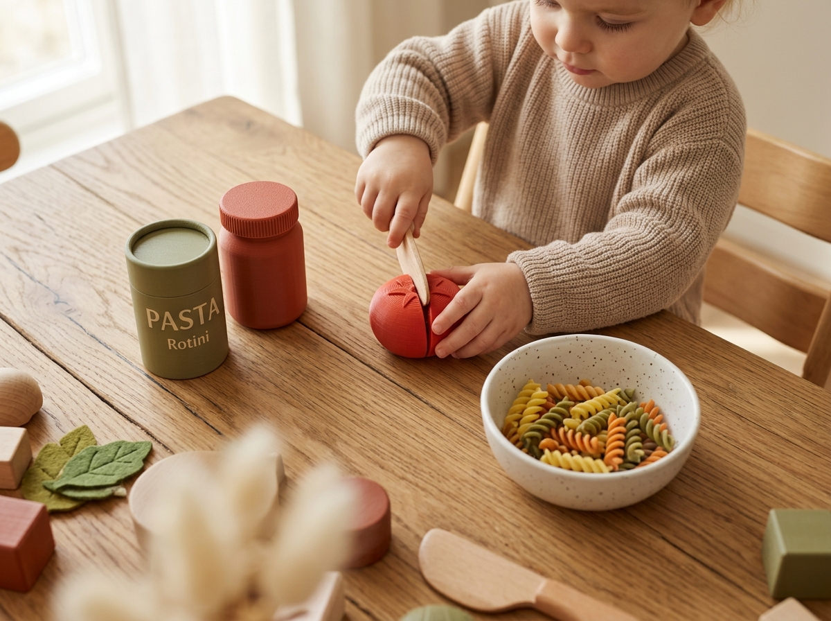 Niño jugando con el set de corte y pasta Montessori en impresión 3D Cernay