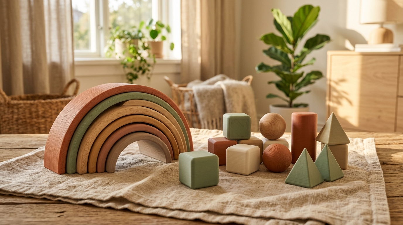 Bebé explorando juguetes Montessori de madera Cernay