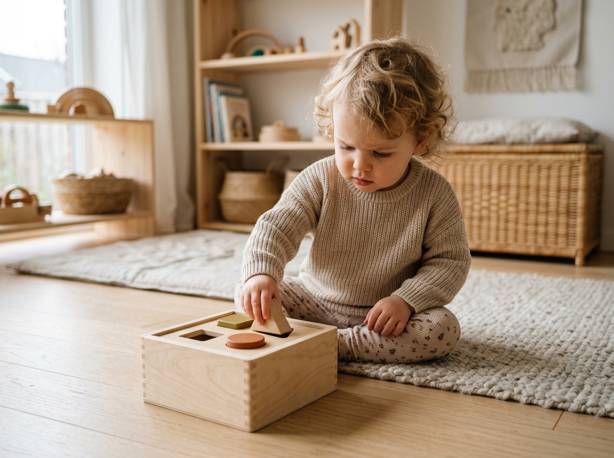 Niña concentrada encajando figuras en la caja Montessori Cernay